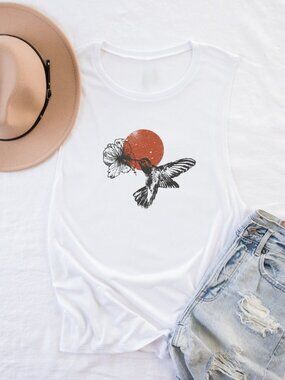 Hummingbird Hibiscus Muscle Tank | Tropical Flower Bird Shirt